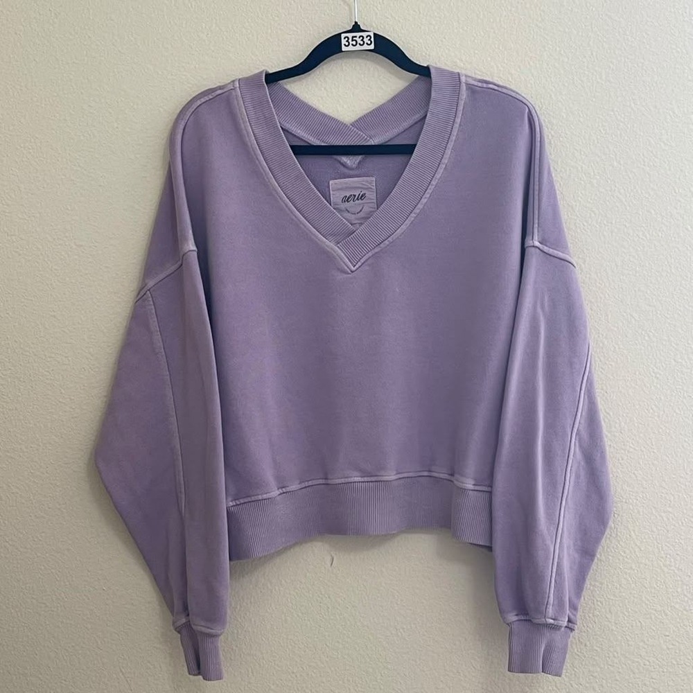 Aerie Purple VNeck Oversized French Terry Sweatshirt S Comfy Cozy Layering Basic